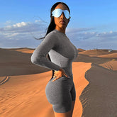 Contrast Color Tight Long Sleeved Top Short Shorts Set